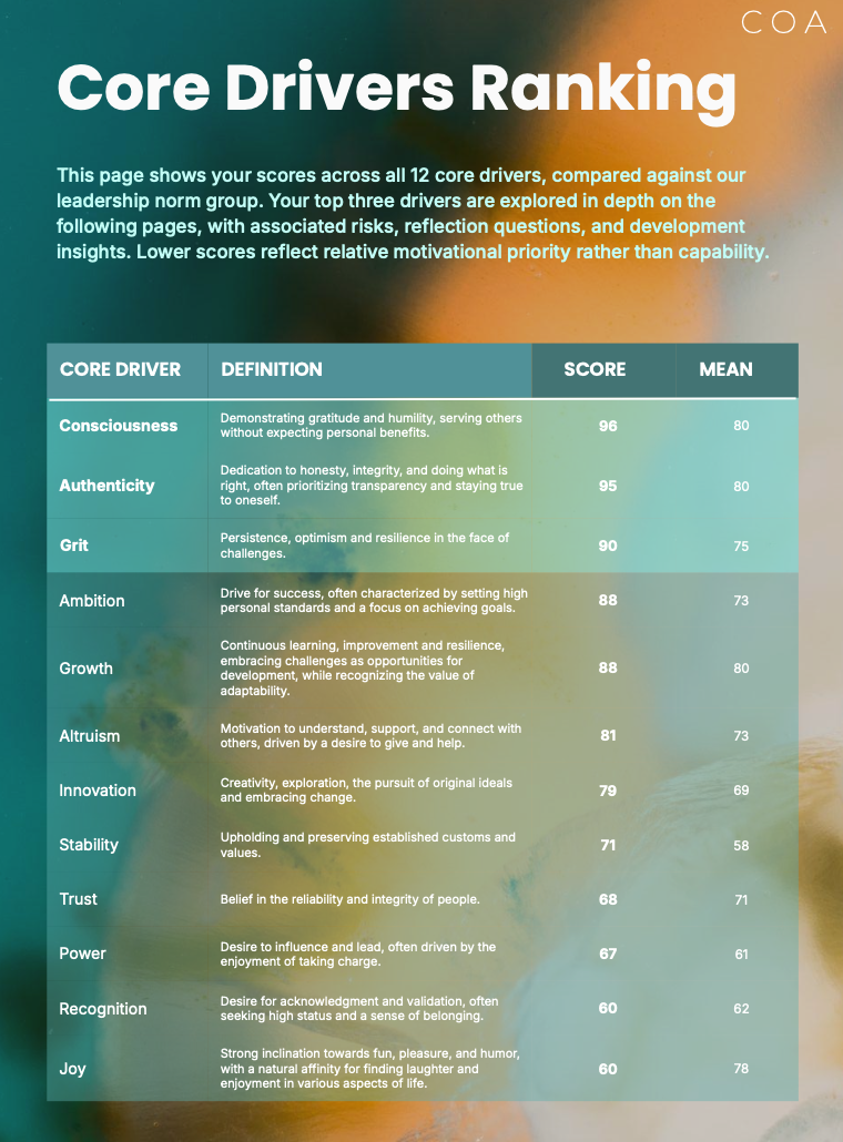 COA Core Drivers Ranking report page
